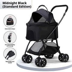 Pet Stroller 2-in-1 Detachable with Removable Lightweight Carrier Basket One-Click Fold 4-Wheel Dog Cat Trolley Breathable Mesh Windows Large Storage Space for Small Medium Pets
