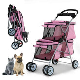 Double Pet Stroller or Small Medium Dogs, 4 Wheels olding Travel Carrier Cage with Cup Holder or 2 De Puppy Or Two Kitty, Pink