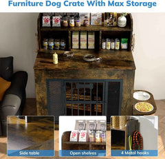 Heavy Duty Wooden Dog Crate With Storage Shelf And Bowls