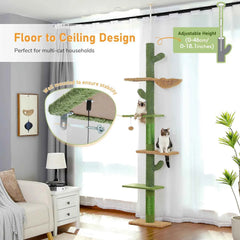 Cat Tree 5-Tier Floor to Ceiling Cat Tower Cactus Tall Climbing Tree with Scratching Post Hammock Dangling Ball for Indoor Cats