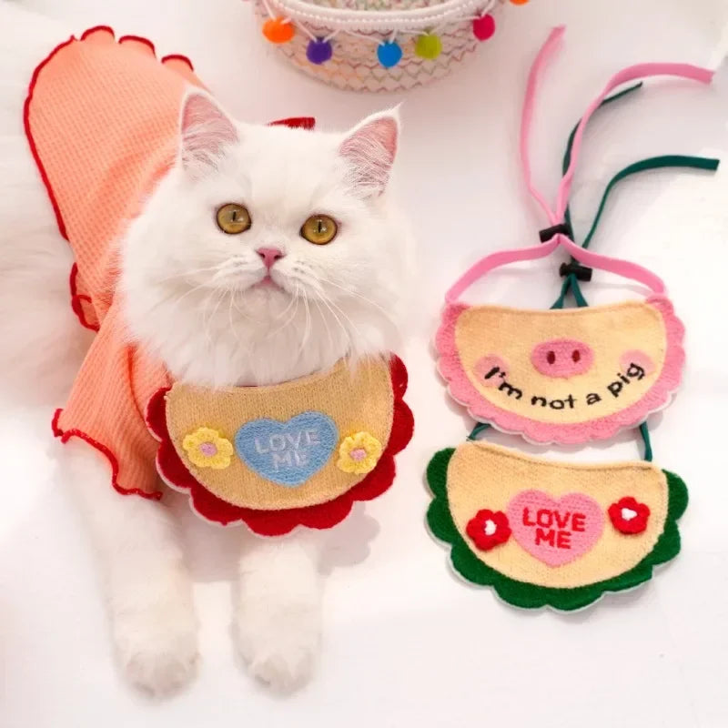 Pet saliva towel with elastic lace up decoration, dog and cat three-dimensional knitting, cute cartoon embroidery saliva towel