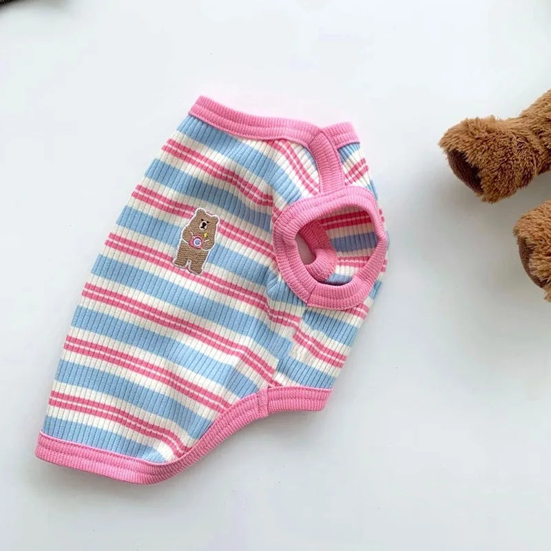 Pet Dog Vest Puppy Clothes Summer Cotton Bear Print T-Shirt Striped Dog Shirt Girls Dog Costume Chihuahua Korean Style Clothing