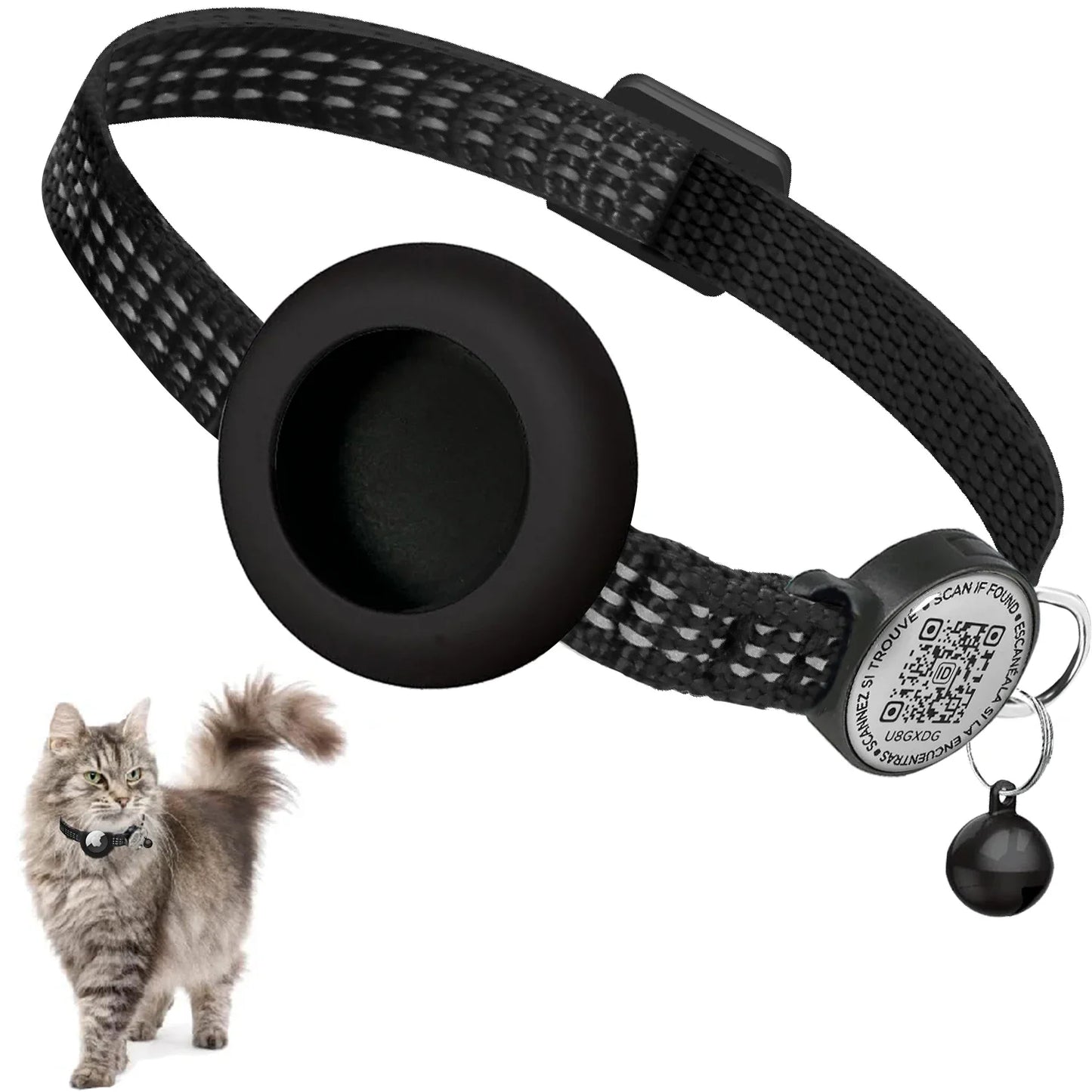 GPS Cat Collar with AirTag Holder & QR Name Tag for Tracker Cats, Anti-loss Reflective Kitten Collar Location Case for Air Tag