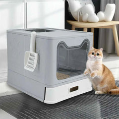 Enclosed Stainless Steel Cat Litter Box with Lid Scoop Large Litter Box Covered Top Entry Litter Pan High Sided Easy Cleaning
