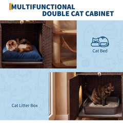 Large Rattan Litter Box Enclosure For 2 Cats, Hidden Cat Furniture With 2 Doors, Litter Mat & Hooks, 47.2" Cat House