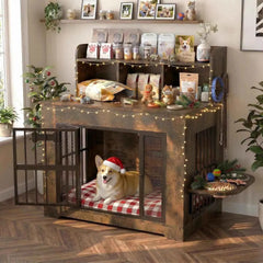 Heavy Duty Wooden Dog Crate With Storage Shelf And Bowls
