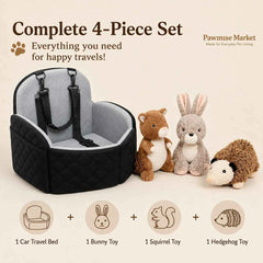 4-Piece Dog Car Seat Bed Set, Cozy Travel Pet Bed with Adjustable Securing Straps & 3 Squeaky Plush Toys, Soft Car Seat Cushion for Small Dogs and Puppies