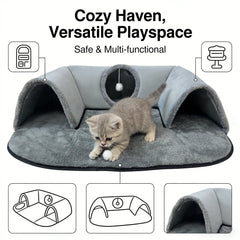2 In 1 Cat Tunnel Bed With Soft Plush Cushion Multisize Warm Hideaway Cave With Hanging Pom-pom Toy Interactive Play Rest House Washable Pet Sleeping Mat For Kitten Small Indoor Cats