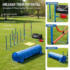 Dog agility training equipment, 5-piece set with adjustable high hurdles, 6 slalom poles, tunnel, jump ring, rest box, whistle, collapsible bowl, obstacle course set for puppies with storage bags