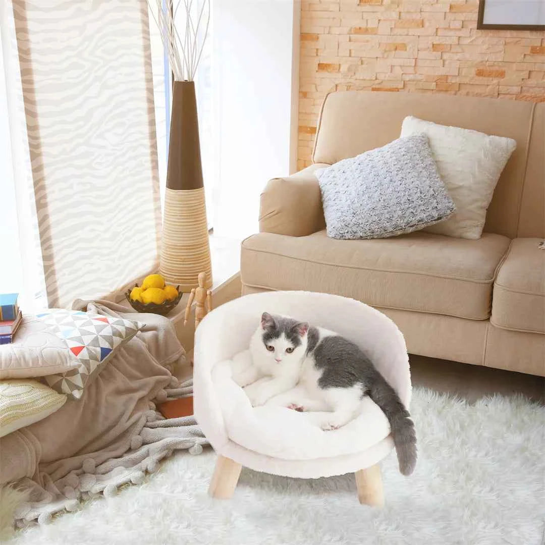 Luxury Soft Warm Plush Cat Bed Nesting Chair with Wood Legs Washable Waterproof Cushion Pad Pet Bed for Small Animals