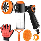 Upgrade Dog Washing Hose Attachment, 8 Spray Patterns Dog Wash with 3.5oz 100cc Soap Dispenser, Dog Washing Gloves, Dog Bath Br