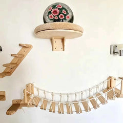 39.4In Wall-mounted Cat Roped Bridge for Indoor Cats Steps with Sisal Wall Wooden Furniture for Sleeping Playing Climbing
