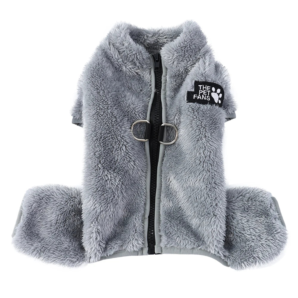 Soft Fleece Dog Clothes Winter Four Legs Covered Plush Pet Coat Zipper Jacket Autumn Overall For Small Middle Dog
