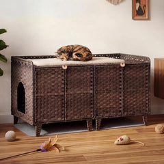 Large Rattan Litter Box Enclosure For 2 Cats, Hidden Cat Furniture With 2 Doors, Litter Mat & Hooks, 47.2" Cat House