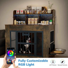 Heavy Duty Wooden Dog Crate With Storage Shelf And Bowls