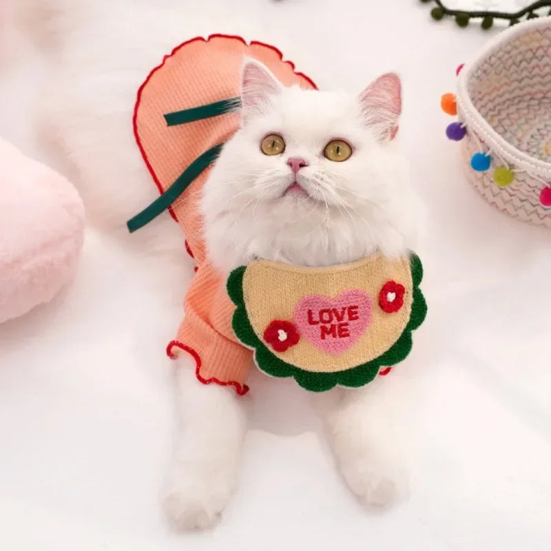 Pet saliva towel with elastic lace up decoration, dog and cat three-dimensional knitting, cute cartoon embroidery saliva towel