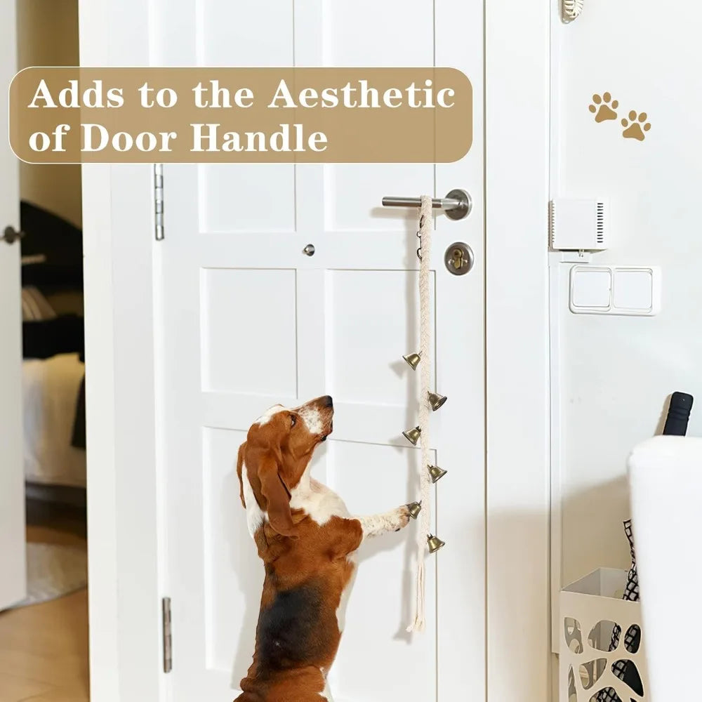 Dog Bell for Door Potty Training, Cotton Handwoven Dog Doorbell with 6 Extra Loud Bells for Dog Training, Adjustable Hanging Door Bell for Small Medium Large Dogs to Ring to Go Outside, Beige