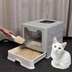 Foldable Space Saving Cat Litter Box With Front Entry Tray
