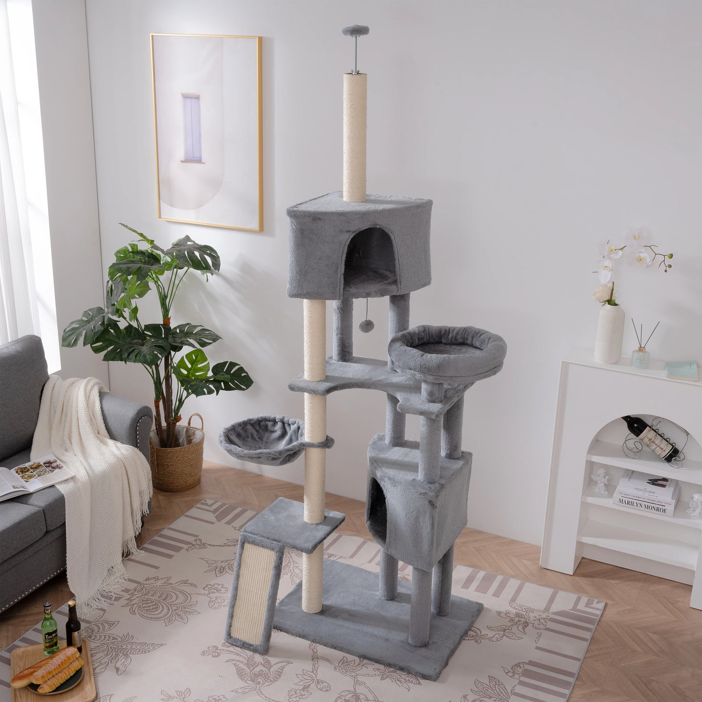 105 Inch Cats Tree Cat Tower Indoor Multi-Level Cat Condo with 3 Perches 2 Caves Basket Scratching Board For Kittens Pet House