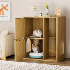 31.5" Light Wood Cat Litter Cabinet with Cat Tree, Hidden Litter Box Furniture with Dual Doors & Storage Shelves, Multi-Functional Pet Station for Living Room & Bedroom