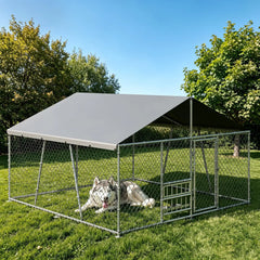 10x10x5.9FT Outside Dog Enclosure With PE Waterproof Roof, 360° Feeding Door, Heavy Duty Lockable Galvanized Kennel
