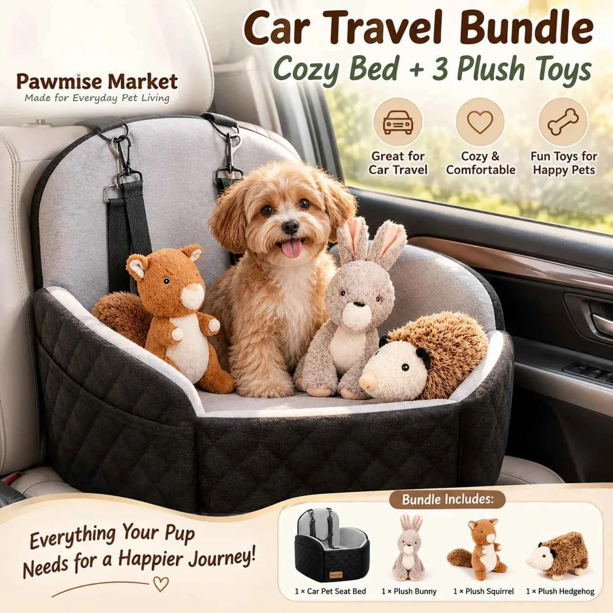 4-Piece Dog Car Seat Bed Set, Cozy Travel Pet Bed with Adjustable Securing Straps & 3 Squeaky Plush Toys, Soft Car Seat Cushion for Small Dogs and Puppies