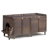 Large Rattan Litter Box Enclosure For 2 Cats, Hidden Cat Furniture With 2 Doors, Litter Mat & Hooks, 47.2" Cat House