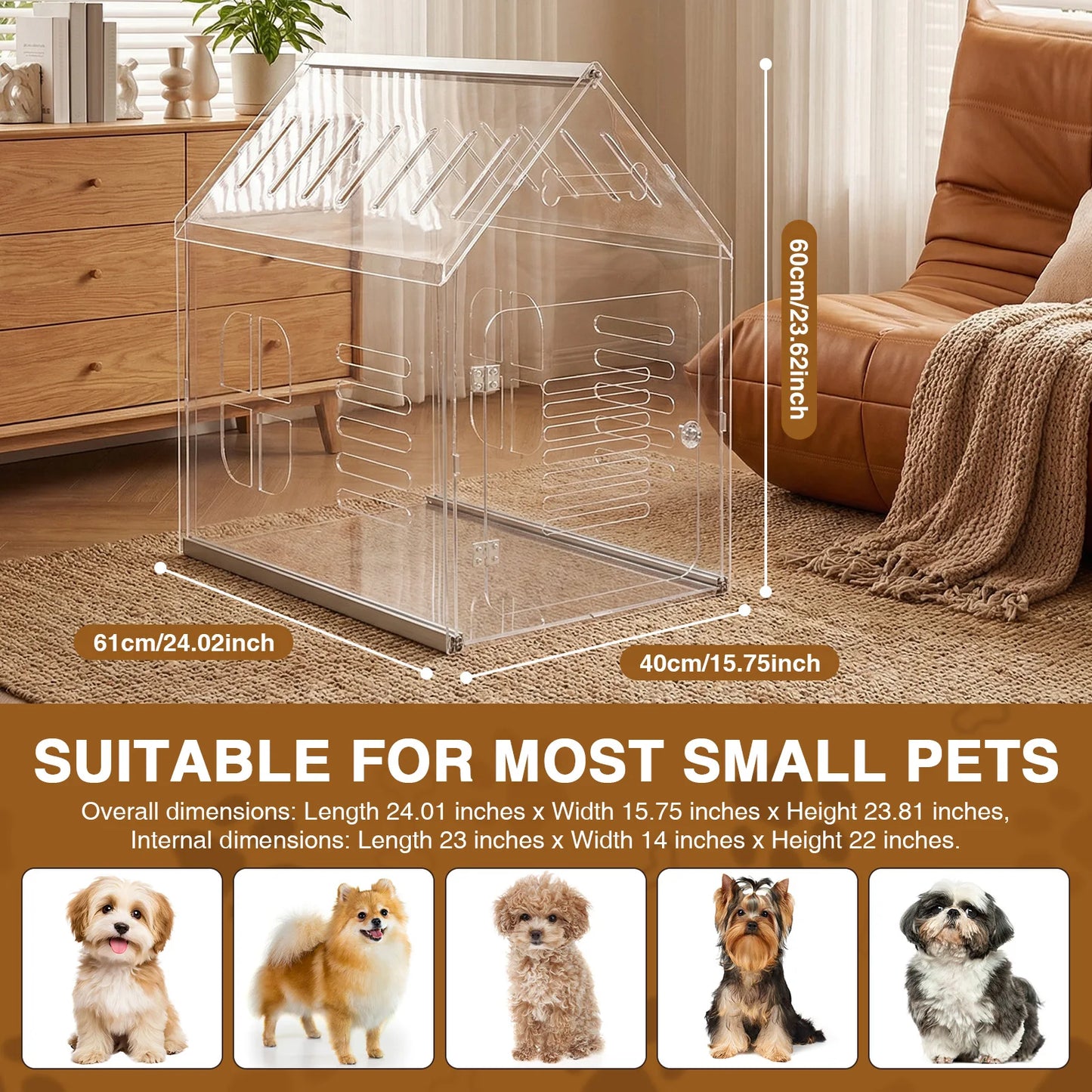 Acrylic Dog Cat House Lockable Ventilated Modern Dogs Crate Clear Dog Playpen for Small and Medium Dogs Pets 610x400x600mm