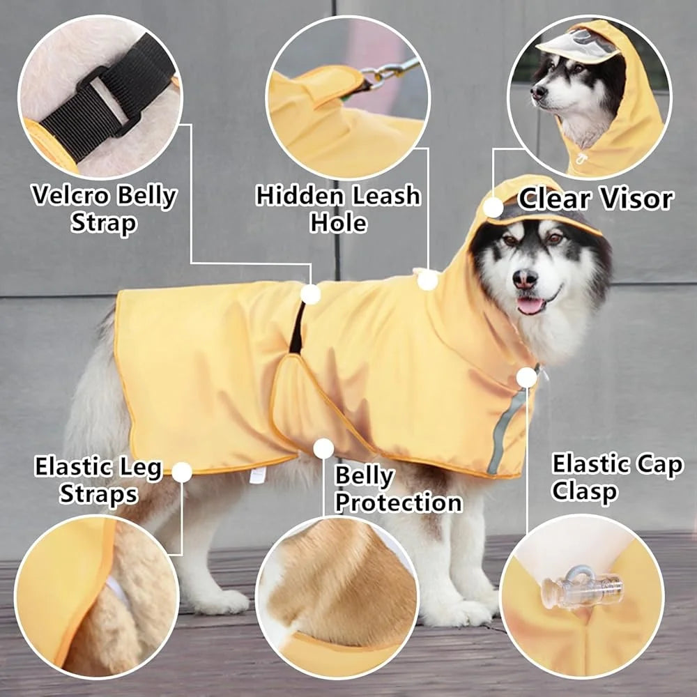Dog Raincoat Hooded Reflective Slicker Lightweight Waterproof Pet Jacket Adjustable Belly Strap Leash Hole Outdoor Activities