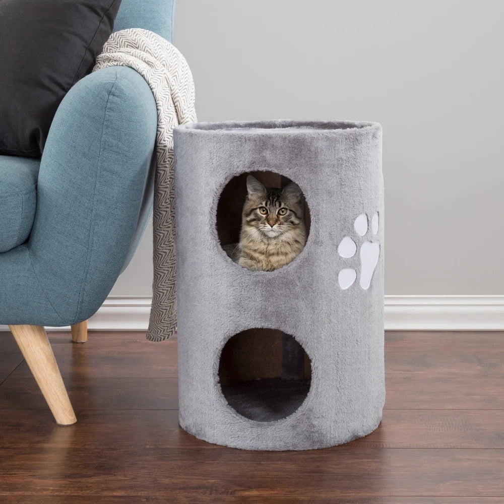 2-Story Cat Condo Double-Hole Space-Saving Scratching Tree Multi-Entrance Lightweight Pet Furniture Indoor Compact Assembled