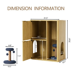 31.5" Light Wood Cat Litter Cabinet with Cat Tree, Hidden Litter Box Furniture with Dual Doors & Storage Shelves, Multi-Functional Pet Station for Living Room & Bedroom