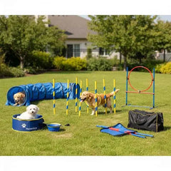 Dog agility training equipment, 5-piece set with adjustable high hurdles, 6 slalom poles, tunnel, jump ring, rest box, whistle, collapsible bowl, obstacle course set for puppies with storage bags