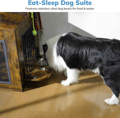Heavy Duty Wooden Dog Crate With Storage Shelf And Bowls