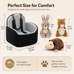 4-Piece Dog Car Seat Bed Set, Cozy Travel Pet Bed with Adjustable Securing Straps & 3 Squeaky Plush Toys, Soft Car Seat Cushion for Small Dogs and Puppies