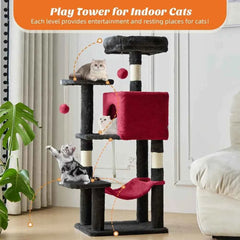 44 Inch Cat Tree Tower with Sisal Scratching Posts Hammock Condo for Indoor Cats Kittens Play Black Red