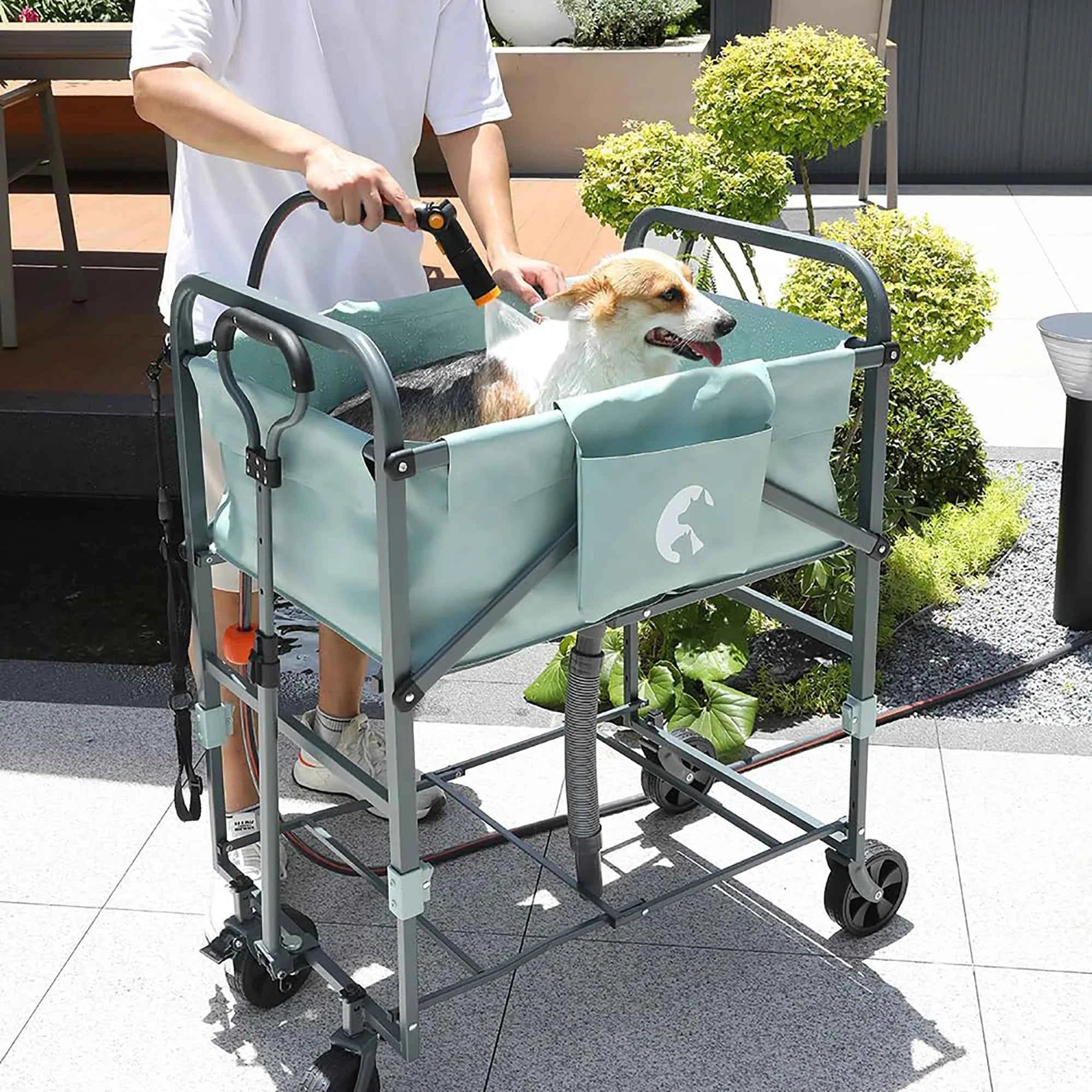 DishyKooker Folding Dog Bath Tub With Rolling Cart And Grooming Station