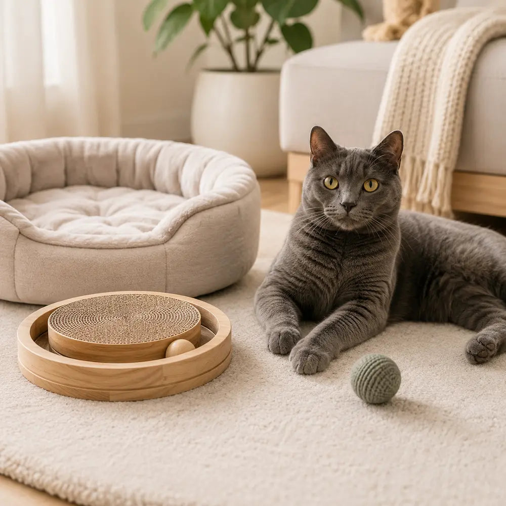 Comfortable cat with thoughtful pet-care essentials