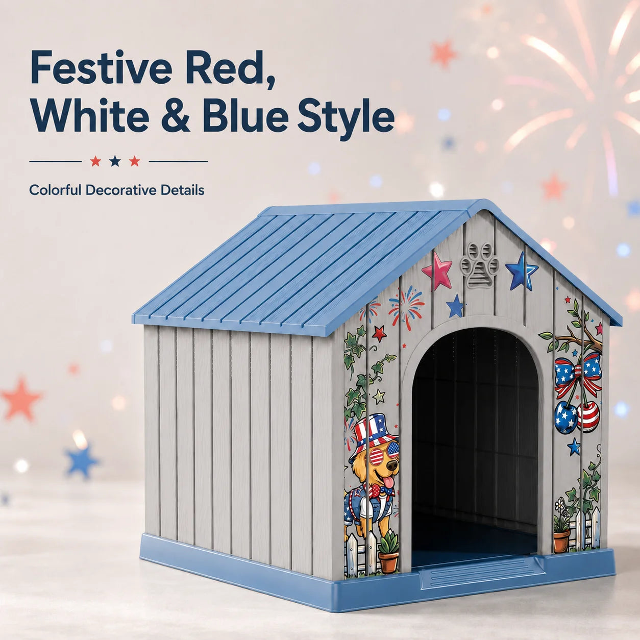 Outdoor Plastic Dog House, Weatherproof Pet Shelter with Printed Pattern Door, Outdoor Dog Cabin for Small Medium Dogs