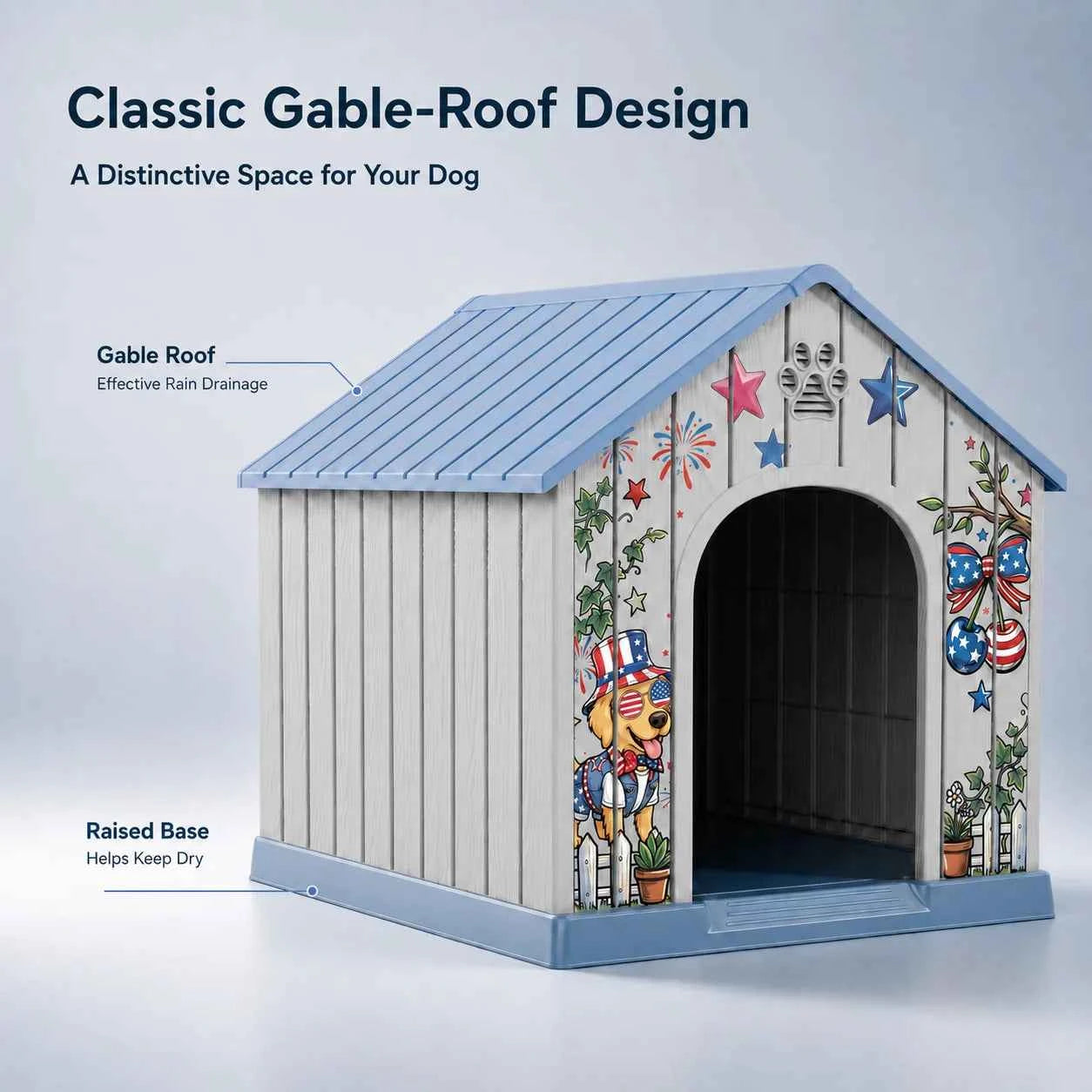 Outdoor Plastic Dog House, Weatherproof Pet Shelter with Printed Pattern Door, Outdoor Dog Cabin for Small Medium Dogs