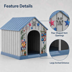 Outdoor Plastic Dog House, Weatherproof Pet Shelter with Printed Pattern Door, Outdoor Dog Cabin for Small Medium Dogs