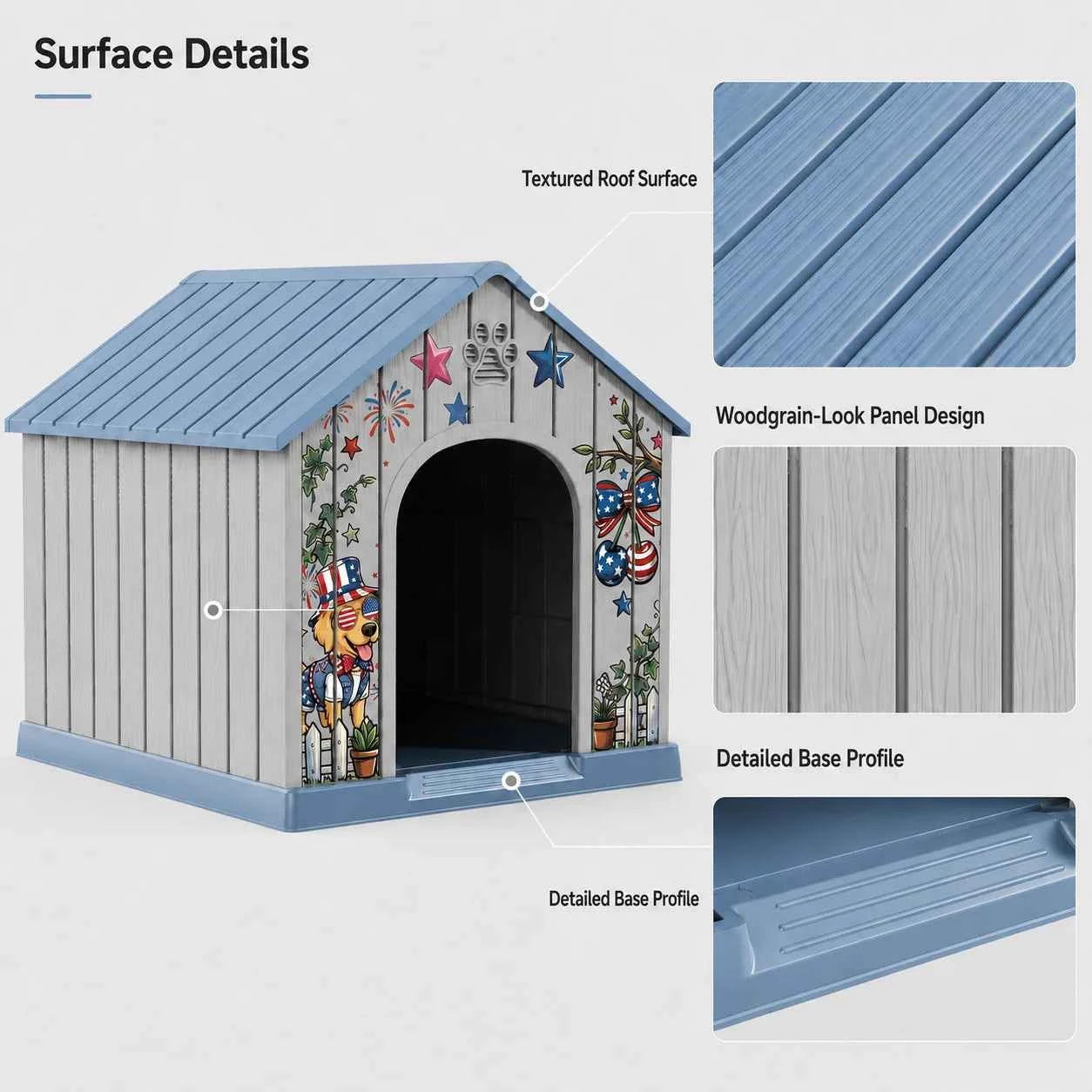 Outdoor Plastic Dog House, Weatherproof Pet Shelter with Printed Pattern Door, Outdoor Dog Cabin for Small Medium Dogs