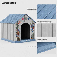 Outdoor Plastic Dog House, Weatherproof Pet Shelter with Printed Pattern Door, Outdoor Dog Cabin for Small Medium Dogs