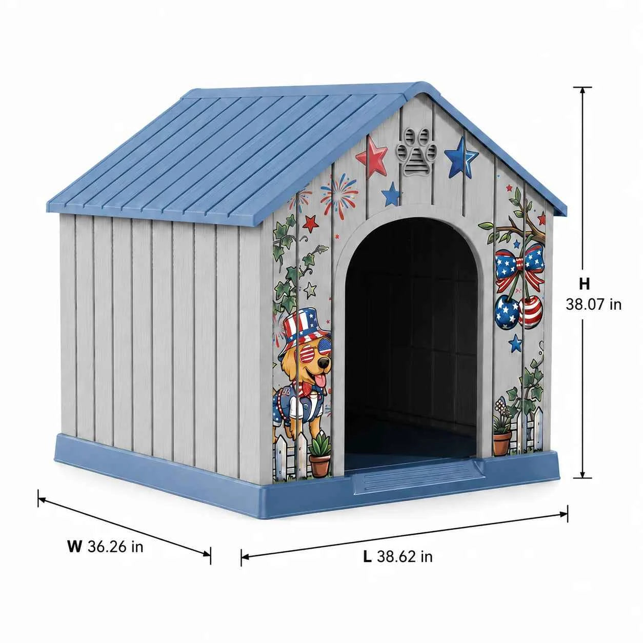 Outdoor Plastic Dog House, Weatherproof Pet Shelter with Printed Pattern Door, Outdoor Dog Cabin for Small Medium Dogs