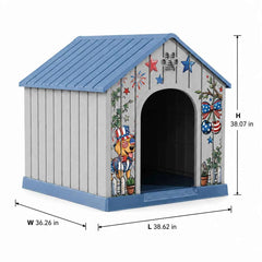 Outdoor Plastic Dog House, Weatherproof Pet Shelter with Printed Pattern Door, Outdoor Dog Cabin for Small Medium Dogs