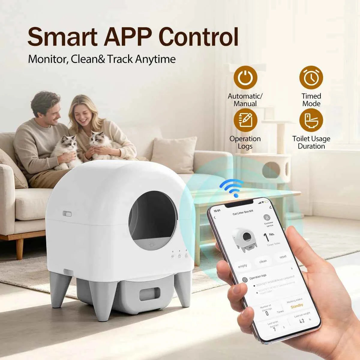 95L Automatic Smart Cat Litter Box Self Cleaning Fully Enclosed Cat Litter Box Toilet Litter Tray with 2 Free Trash Bag Rolls