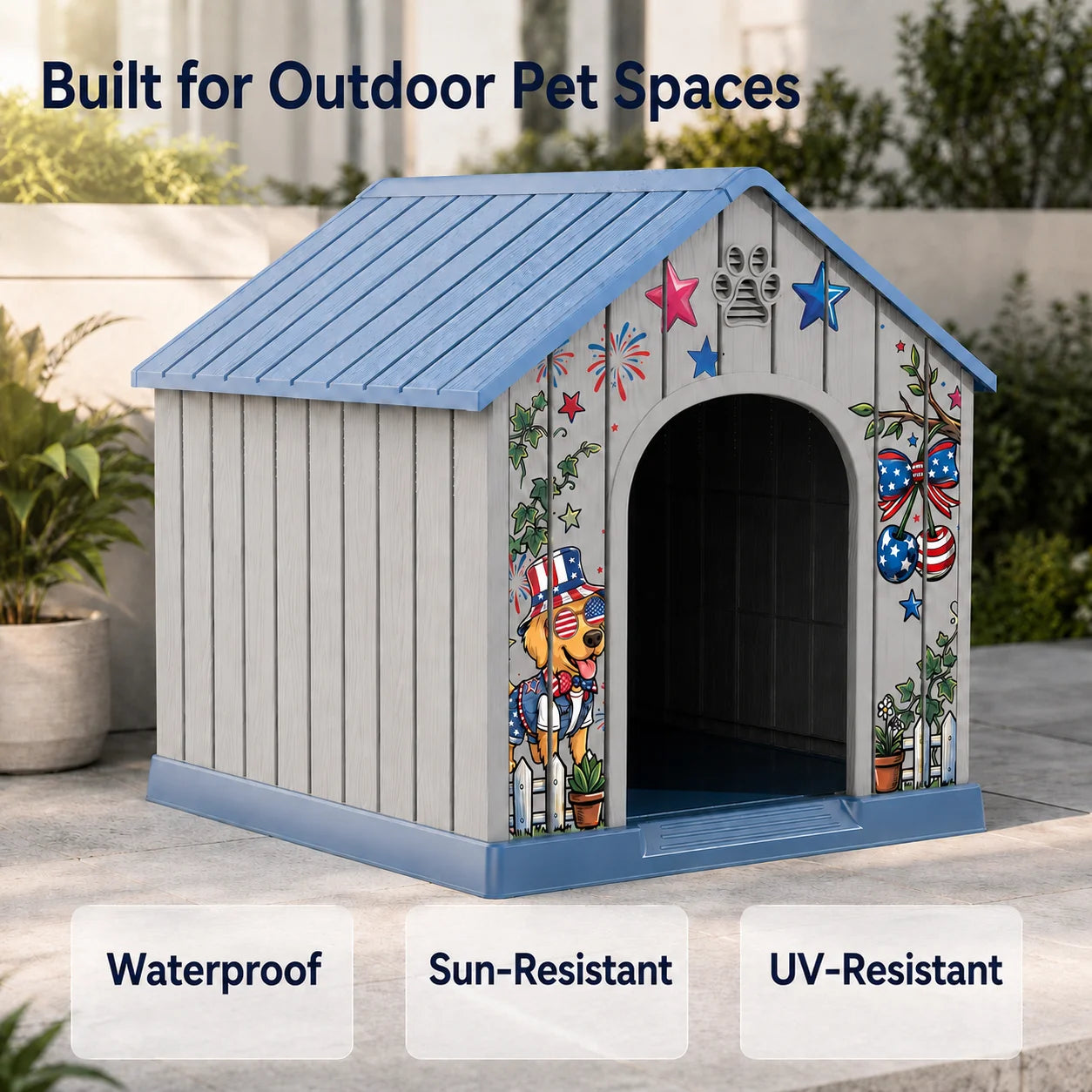 Outdoor Plastic Dog House, Weatherproof Pet Shelter with Printed Pattern Door, Outdoor Dog Cabin for Small Medium Dogs