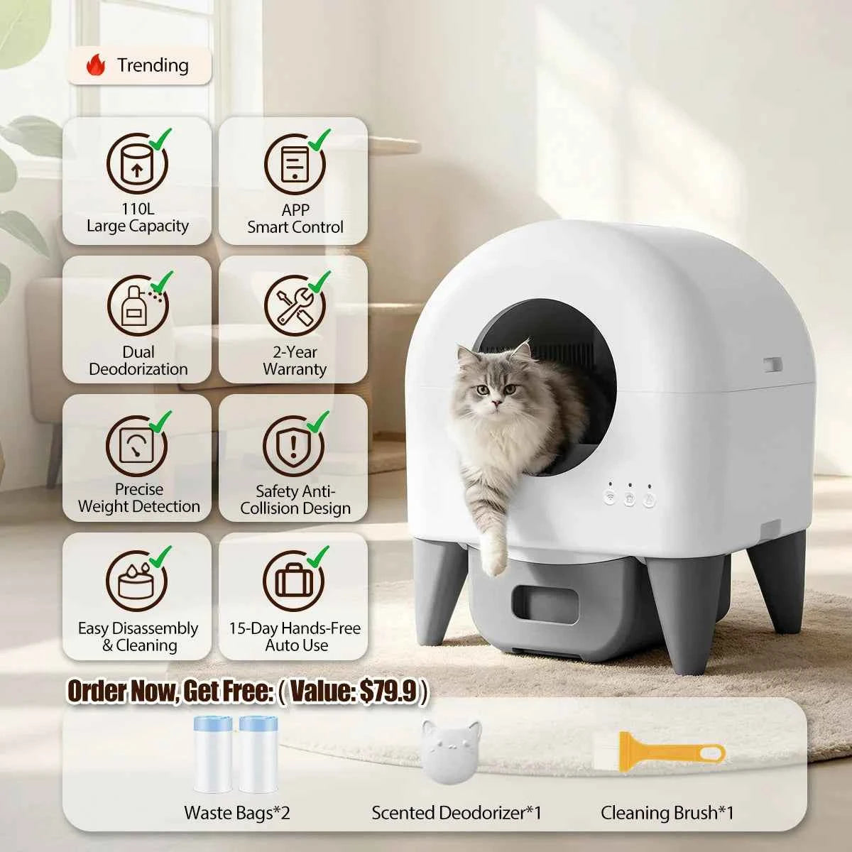 95L Automatic Smart Cat Litter Box Self Cleaning Fully Enclosed Cat Litter Box Toilet Litter Tray with 2 Free Trash Bag Rolls