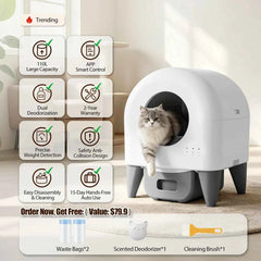 95L Automatic Smart Cat Litter Box Self Cleaning Fully Enclosed Cat Litter Box Toilet Litter Tray with 2 Free Trash Bag Rolls