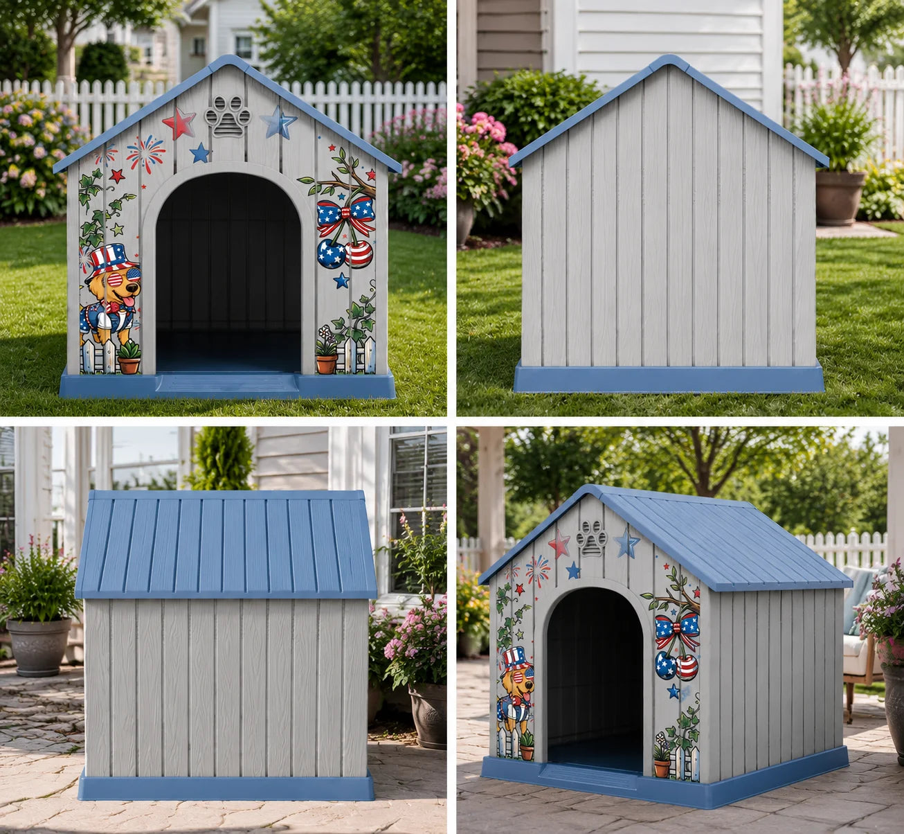 Outdoor Plastic Dog House, Weatherproof Pet Shelter with Printed Pattern Door, Outdoor Dog Cabin for Small Medium Dogs