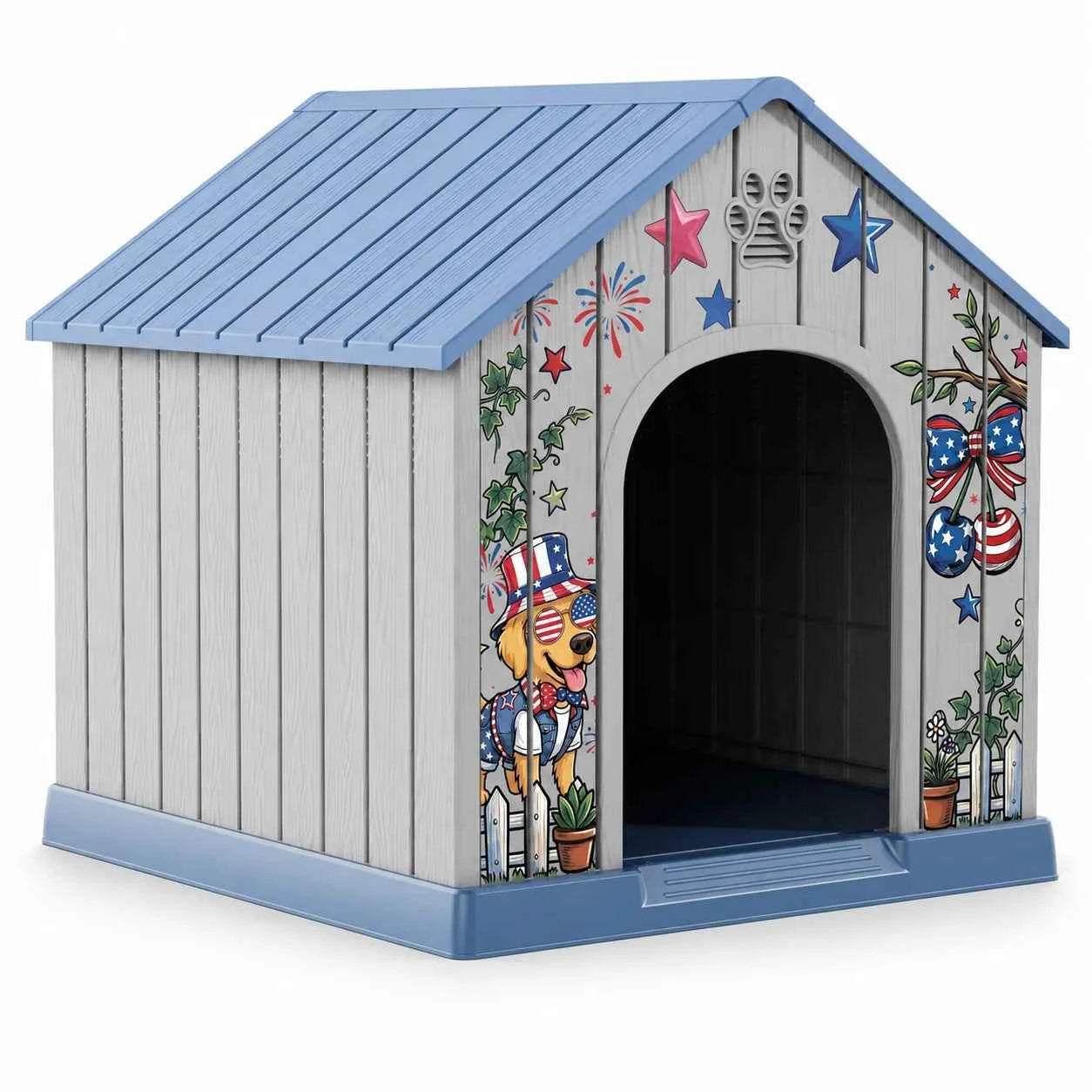 Outdoor Plastic Dog House, Weatherproof Pet Shelter with Printed Pattern Door, Outdoor Dog Cabin for Small Medium Dogs